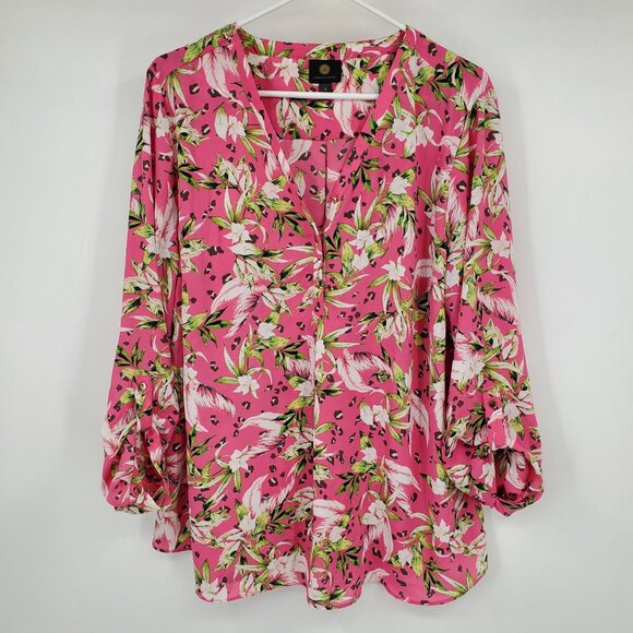 JM Collection Pink and Floral Print Popover Neck Women's Shirt Top Size XL - Picture 1 of 8